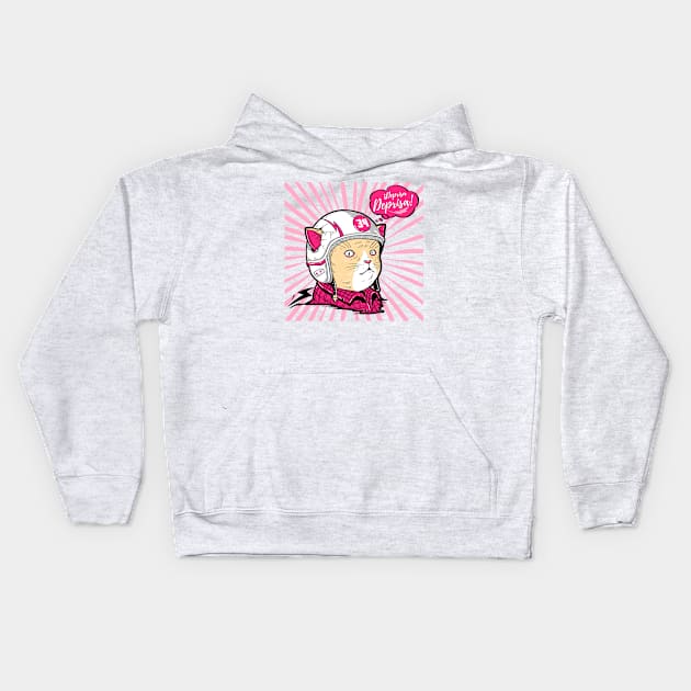 Comic cartoon with a cute retro motorized cat in pink colors with the phrase in Spanish: Hurry, hurry! Kids Hoodie by Rebeldía Pura